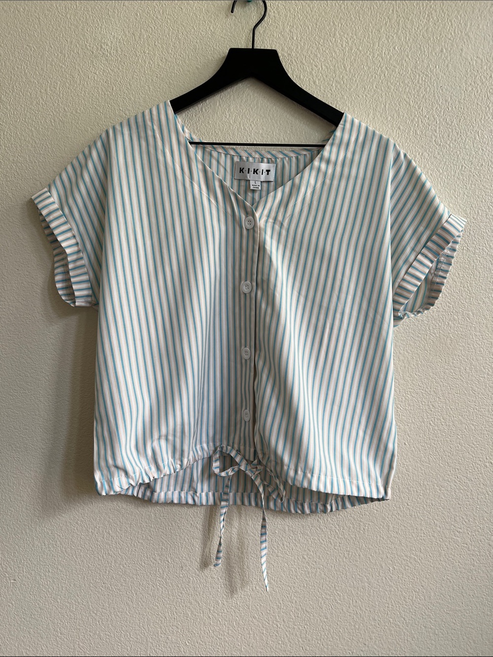 K.I.K.I.T Maurice Button-Up Cropped SS Blouse Top White Striped Teal/Tan L